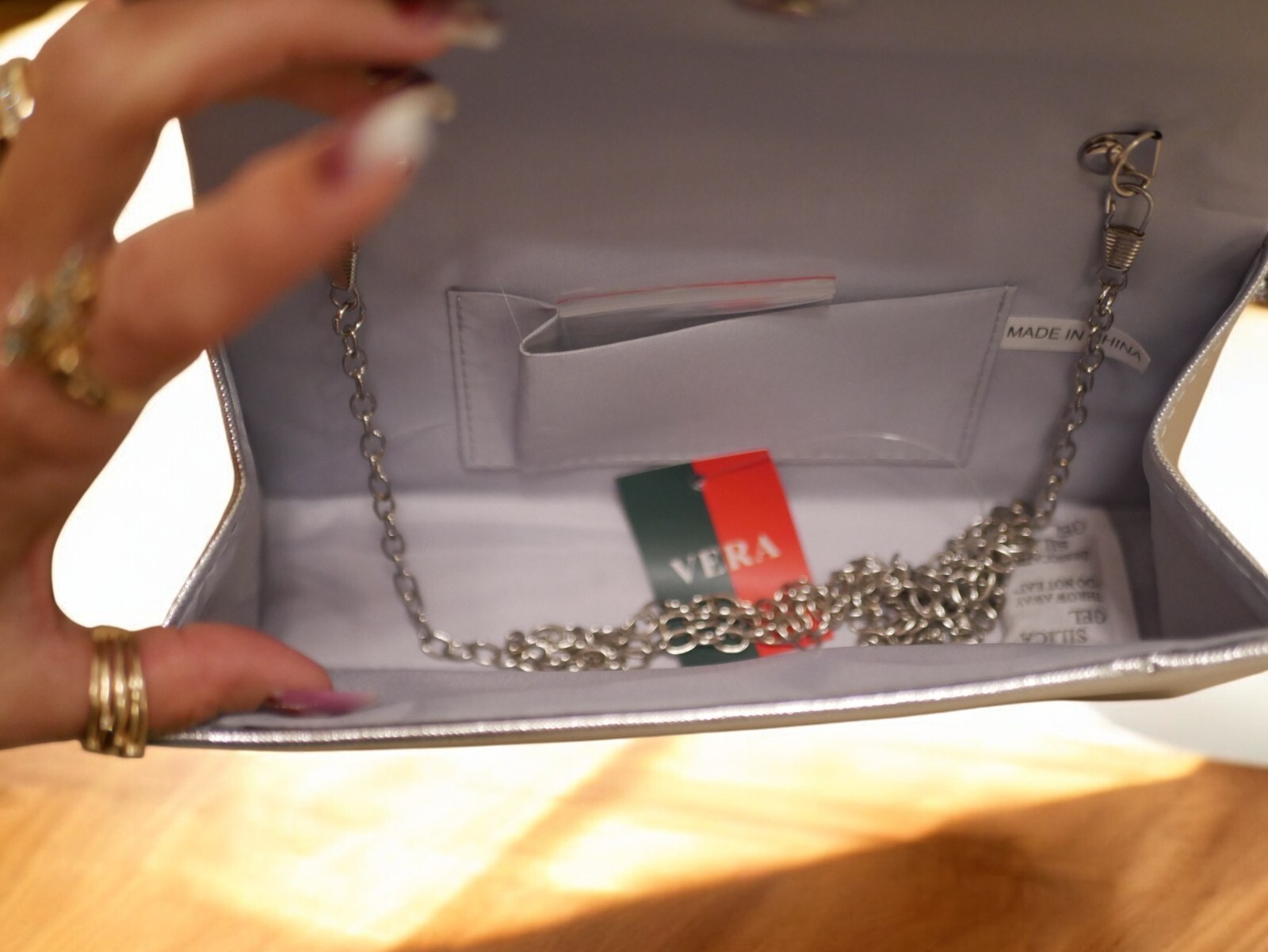VERA USA RHINESTONE FLAG CLUTCH PURSE EVENING BAG SILVER STRAP BLING PATRIOTIC