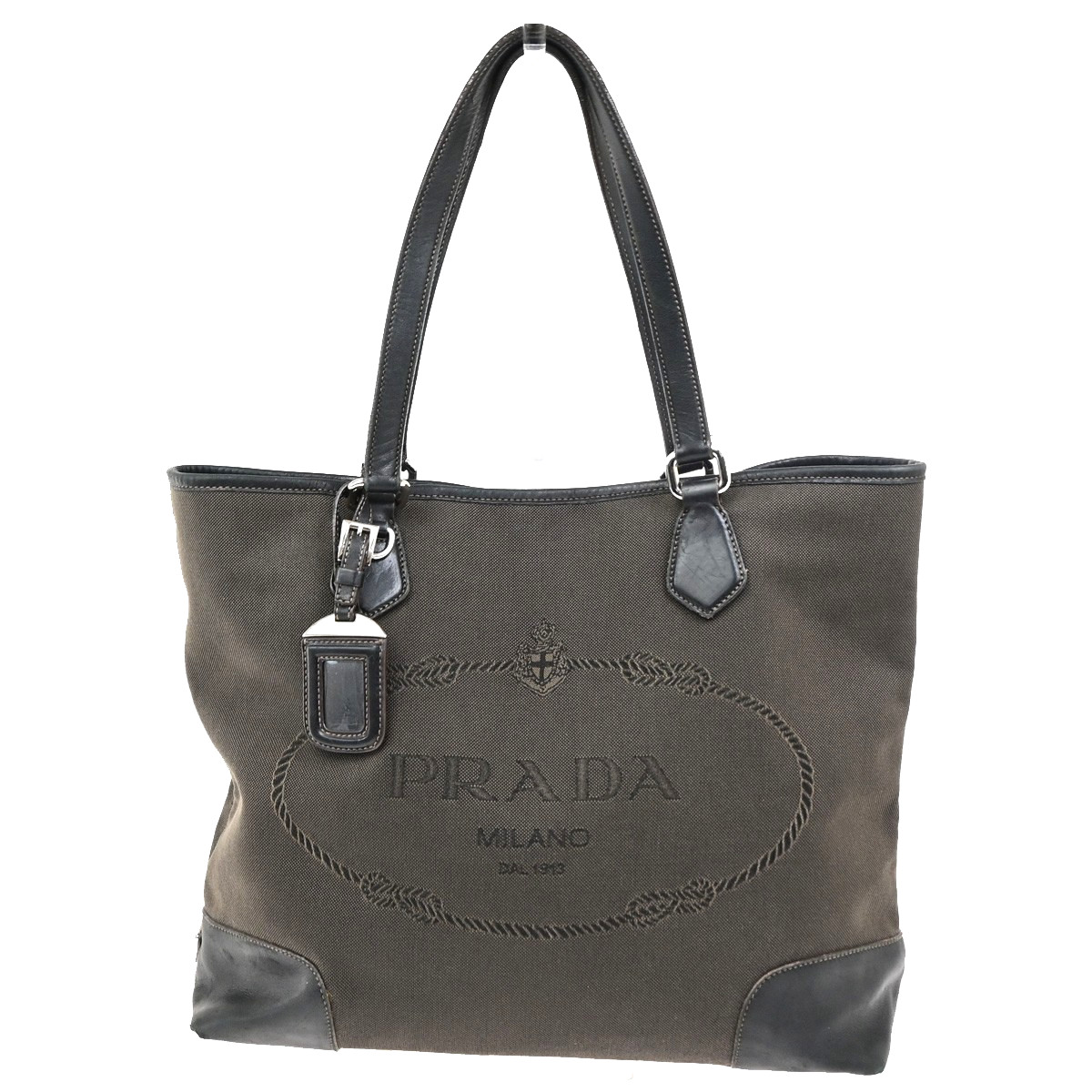 PRADA Logo Jacquard Shoulder Tote Bag Canvas Leather Black Brown 64KD261