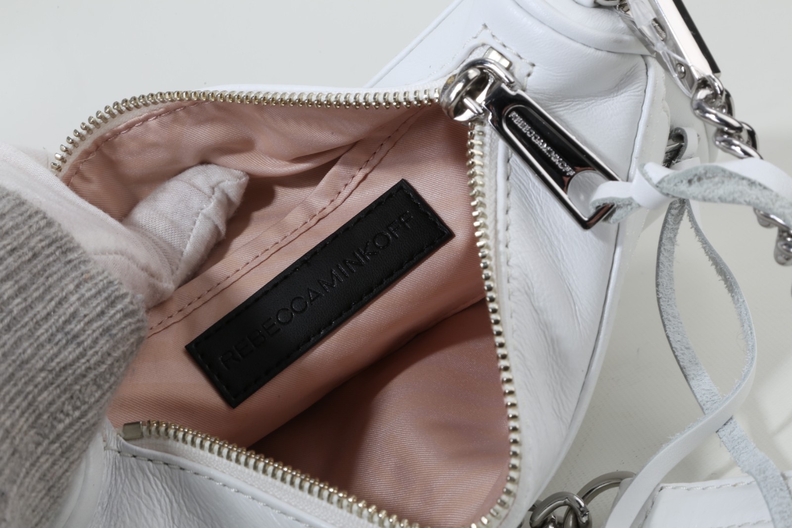 Rebecca Minkoff Mini MAC White Leather Crossbody Bag Silver Chain Dog Clip Purse