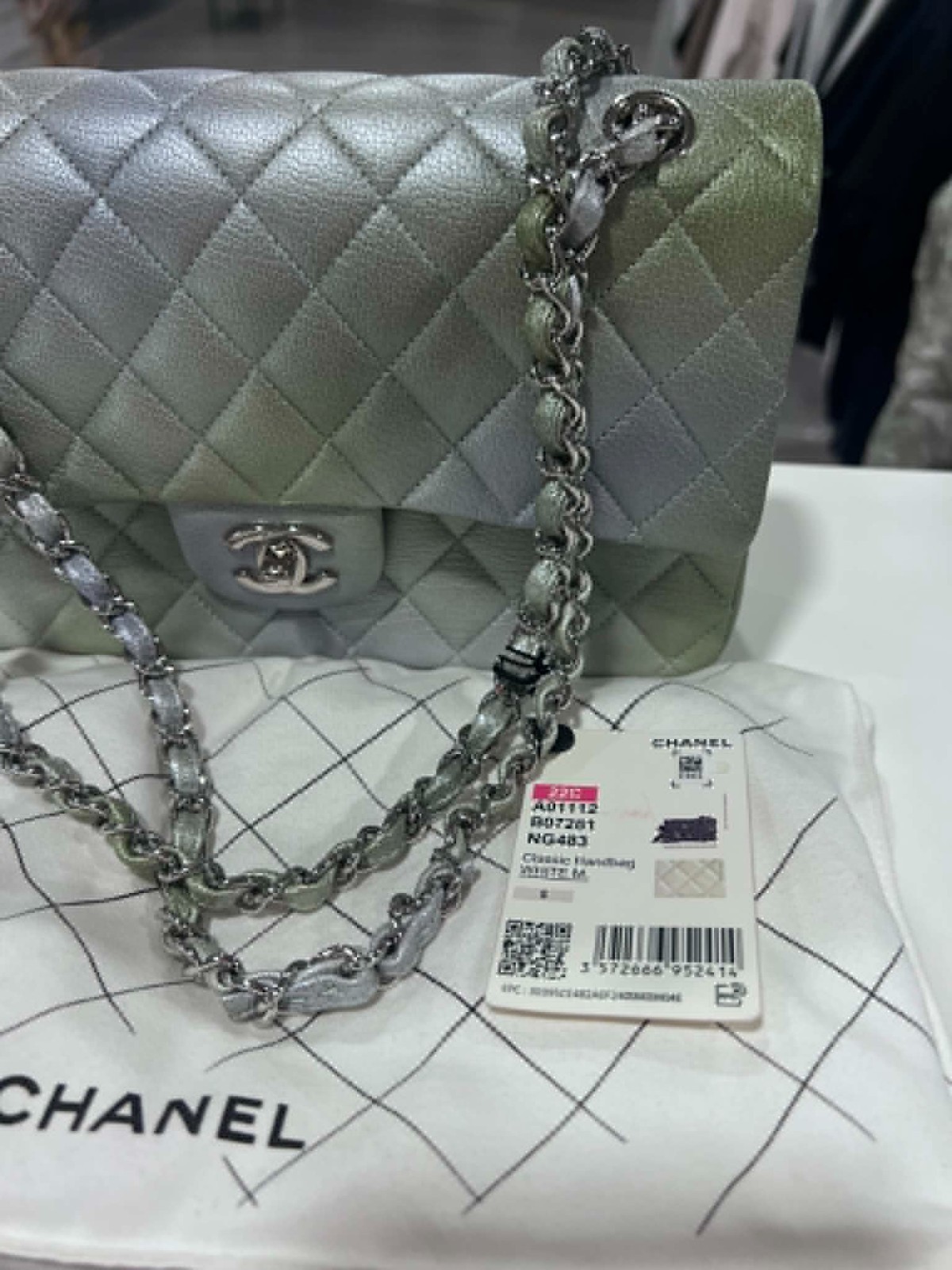 CHANEL 22C Iridescent Ombre Medium Classic Flap Bag Cloudy Goatskin Silver NWT