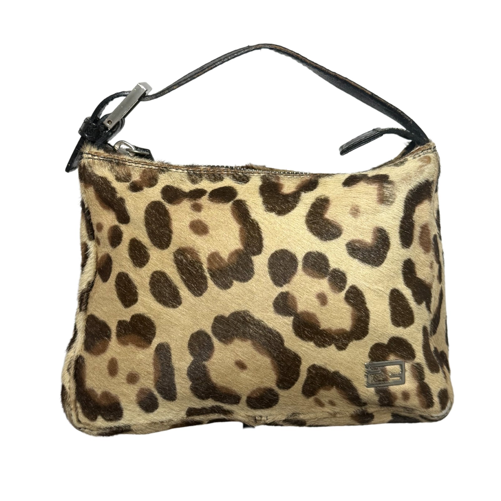 Fendi Vintage Leopard Print Pony Hair Mini Bag Black Leather Strap