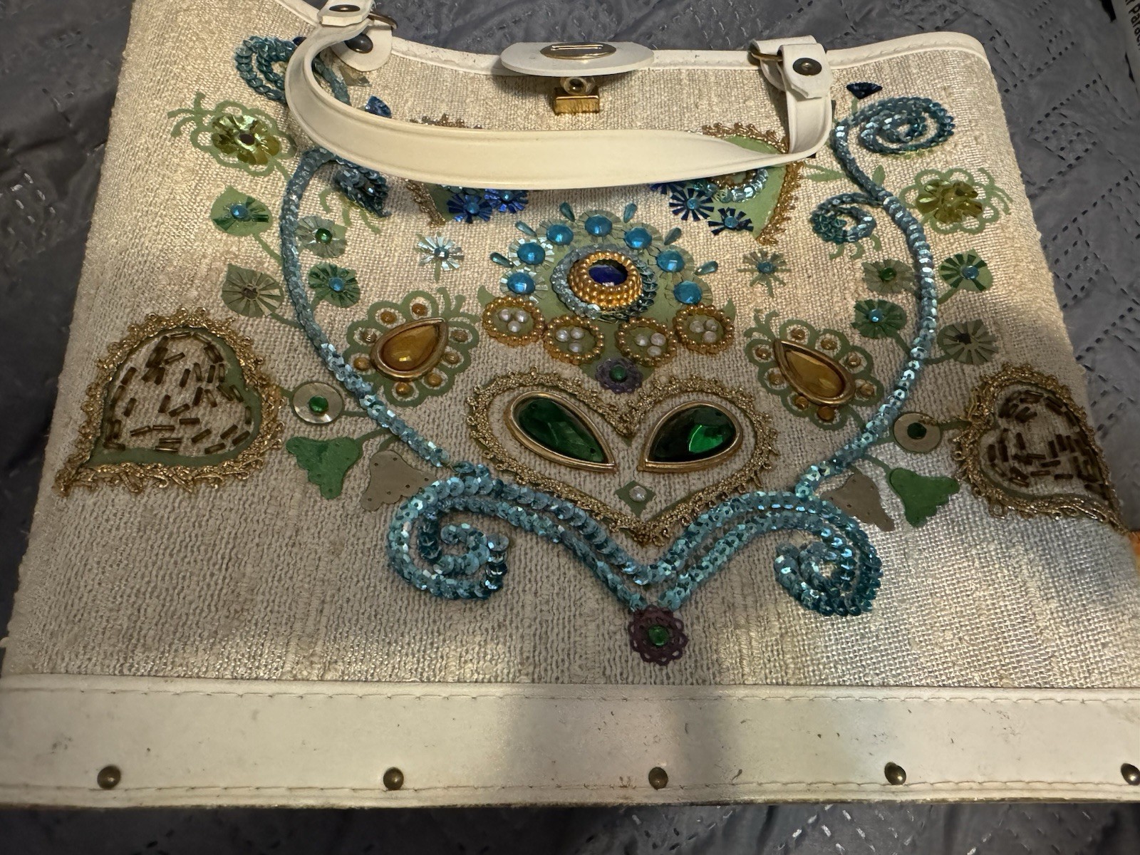 Vintage Unbranded Sequined Purse, Teal Accents, 11 Inches Tall X 12 Inches Long