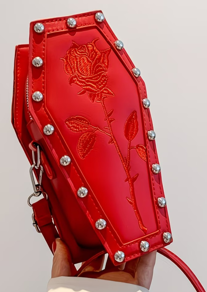 Embroidered Thorny RED Rose 9-inch Coffin Zipper Top Crossbody Studded Purse NEW
