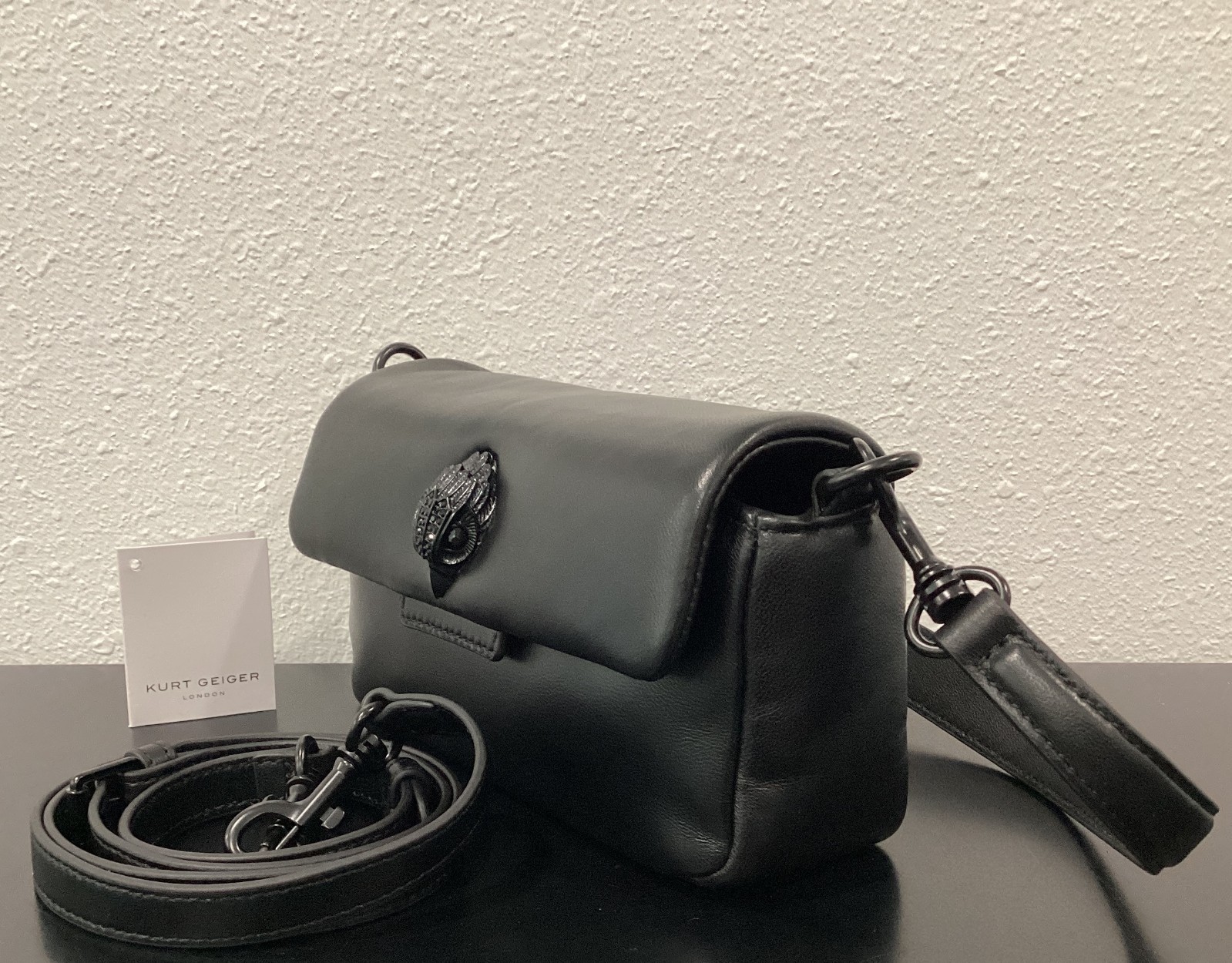 Kurt Geiger Black Soft Lambskin 8″x3.5″x3″ Leather Mini Oxford 2 Straps Drench