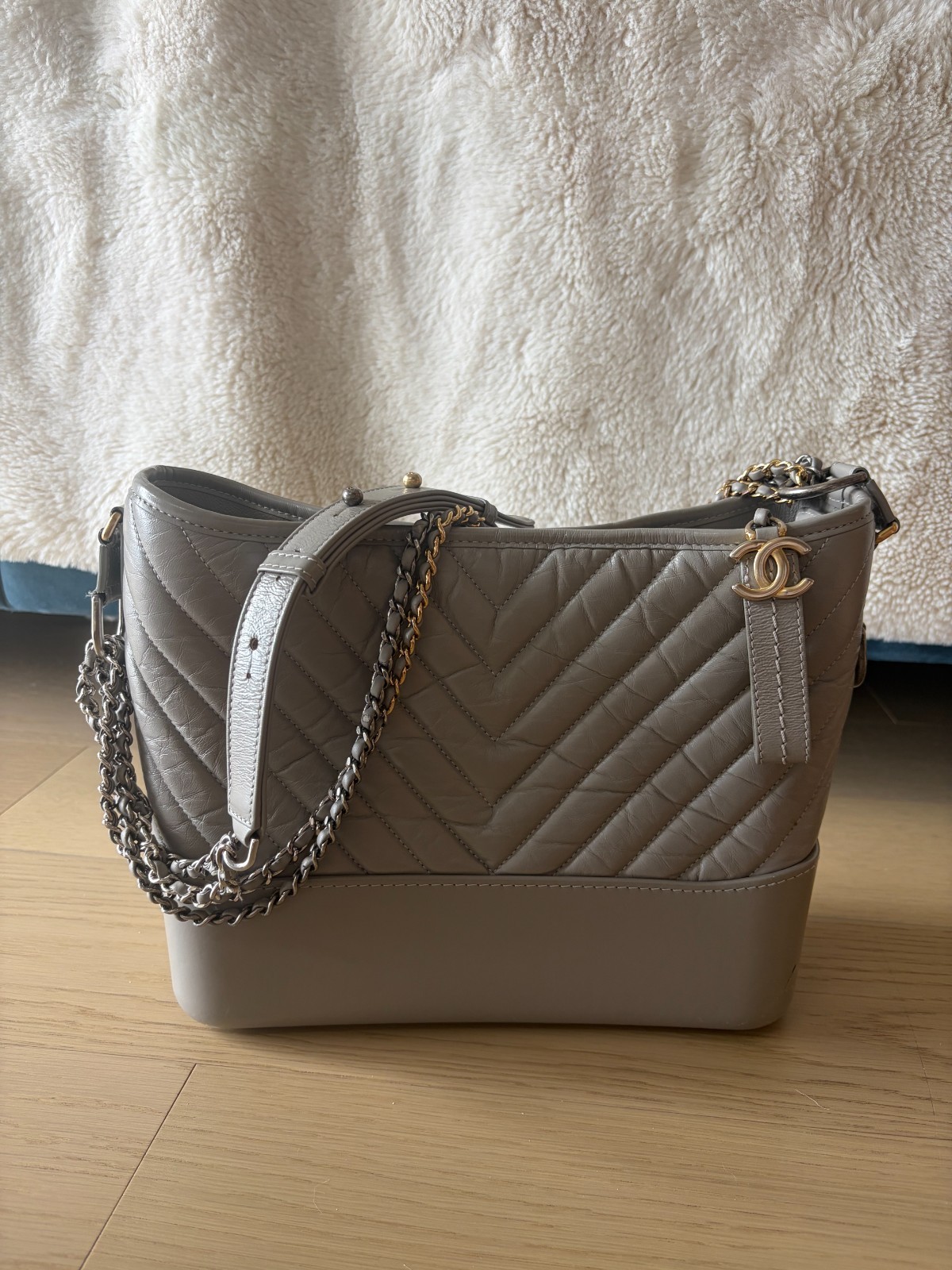 CHANEL Gabrielle Medium Hobo Bag Gray/ Taupe Calfskin Mixed Metal Shoulder Bag