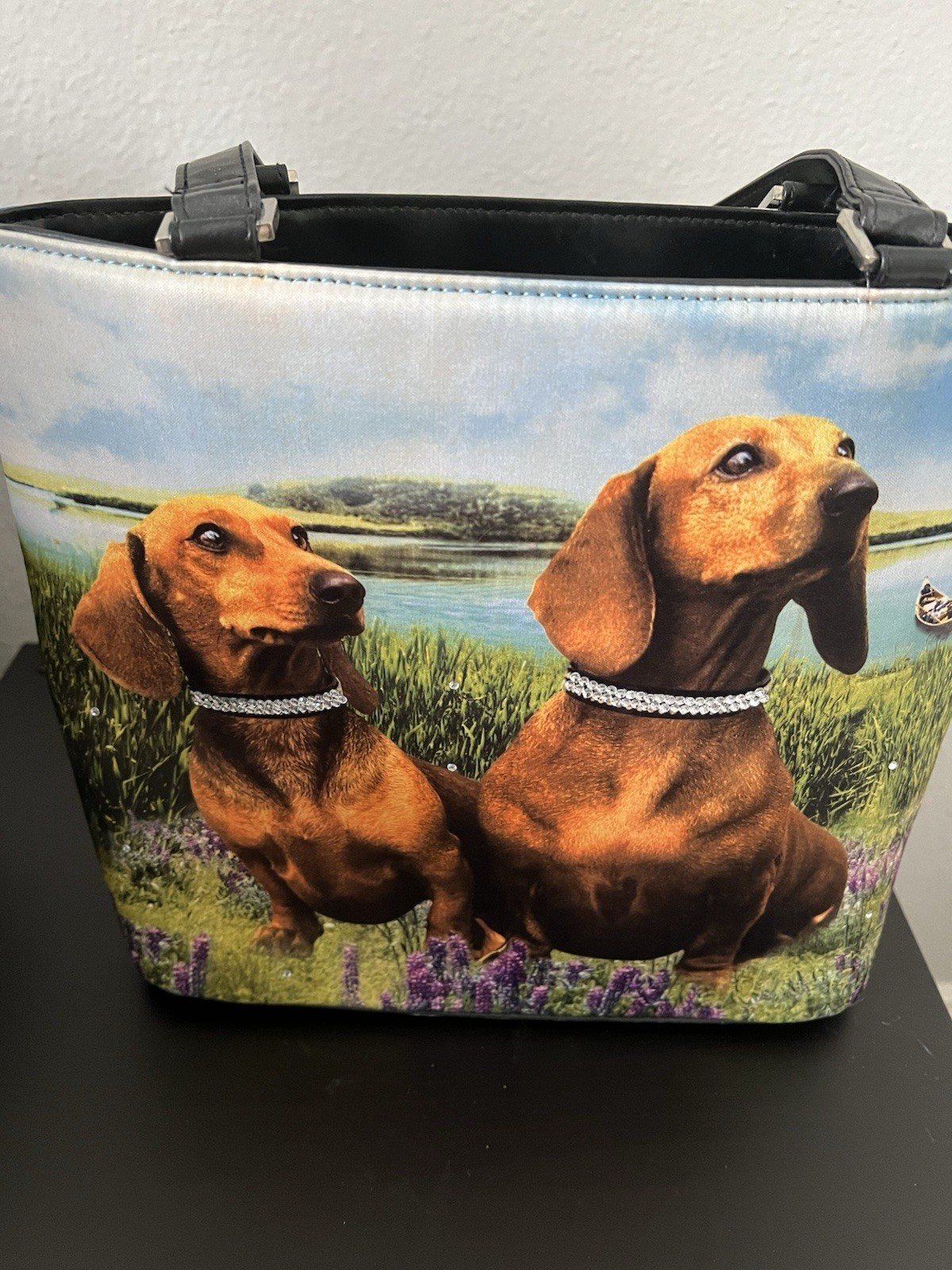 VTG Bling Purse Bag Rhinestone Dachshund Puppy Purse – 9 1/2″ High x 11″ Wide