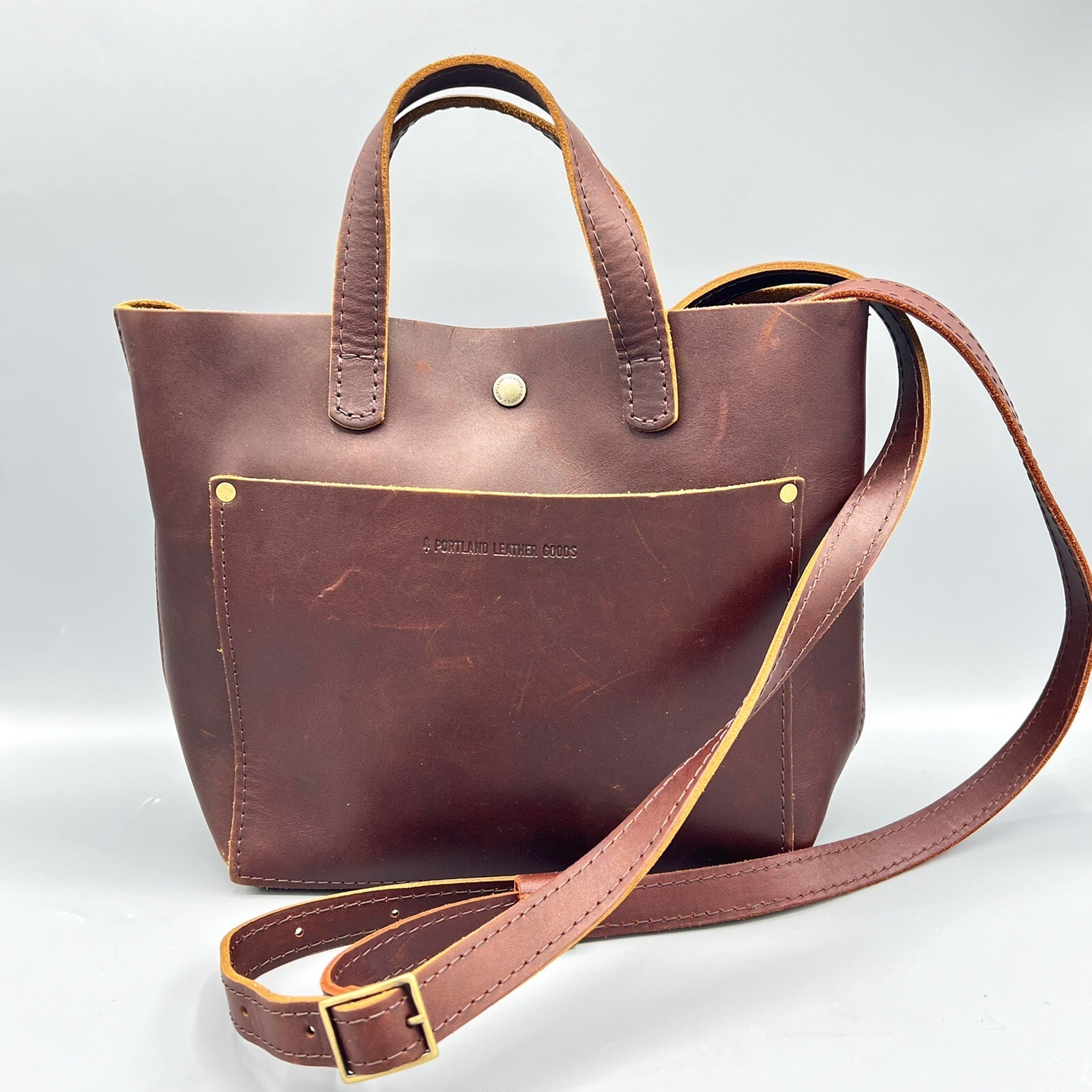 Portland Leather Goods Mini Crossbody Tote Grizzly Smooth Firm Brown With Strap