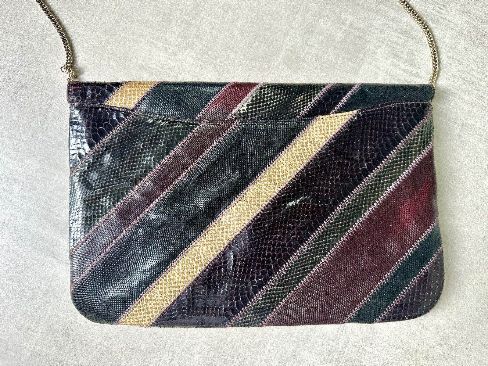 Bags By Varon Vintage Snakeskin Clutch With Chain Strap In Black, Burgundy,Cream