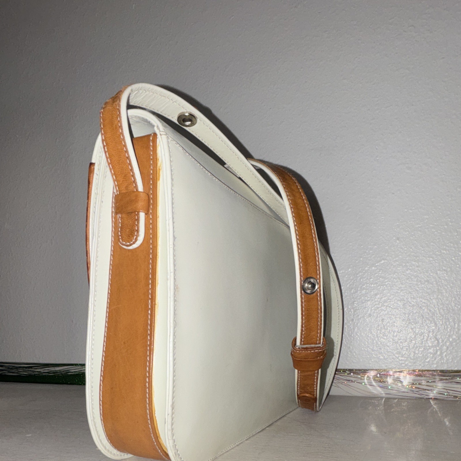 Yves Saint Laurent White/Brown Flap Shoulder Bag Small Logo Silver Hardware