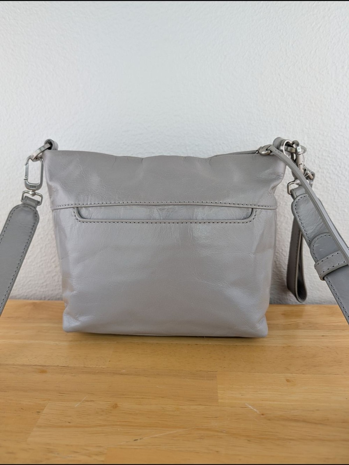 Hobo Gray Smooth Leather Crossbody Bag Clutch Wide Strap Silver Toned Hardware