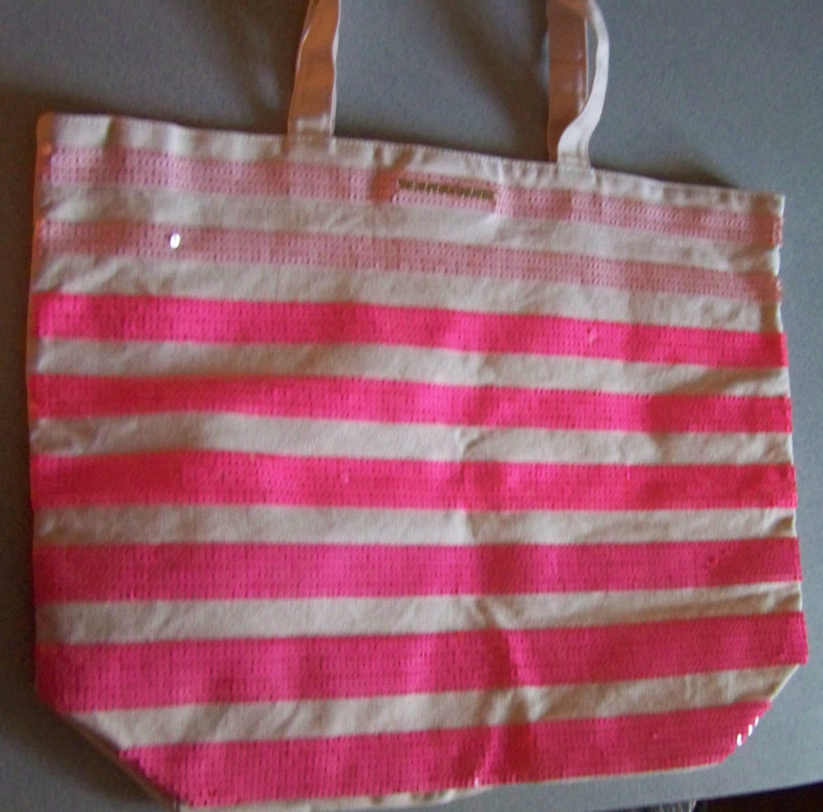 VICTORIA’S SECRET OMBRE PINK STRIPE SEQUIN SHOULDER BAG PURSE LARGE TOTE CANVAS