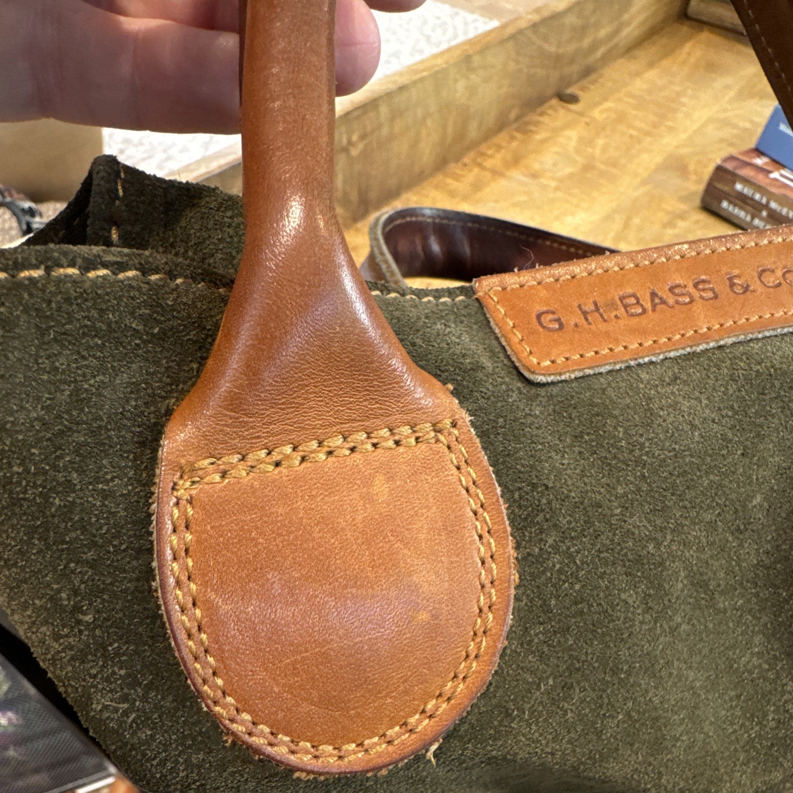 Vintage G.H. Bass & Co. Olive Green Suede Tote – Chestnut Leather Handles 1980s
