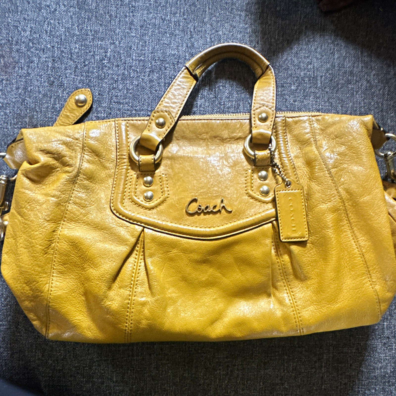 Coach Yellow Pebbled Satchel Top Handle Bag, Zip Closure, Detachable Strap