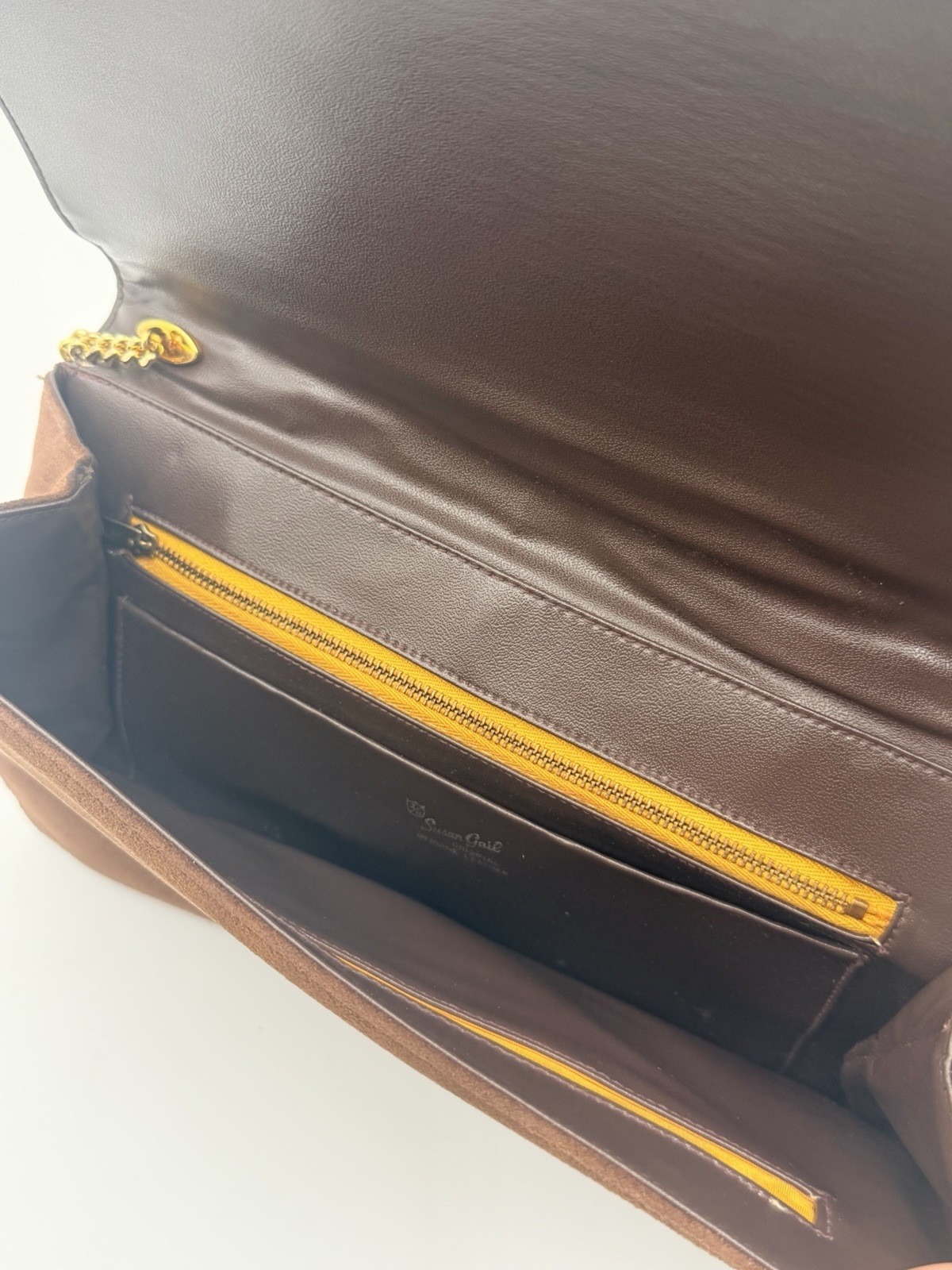 Vintage Susan Gail Brown Suede Shoulder Bag Gold Chain Purse 80s Glam