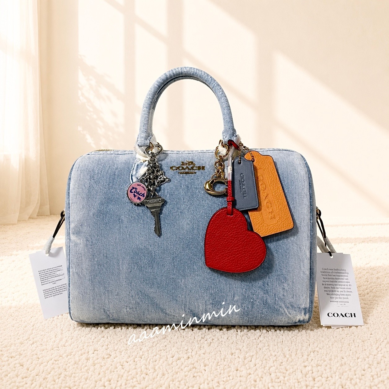 NWT CDY75 Coach Rowan Large Satchel Bag In Loved Denim With Charms Light Indigo