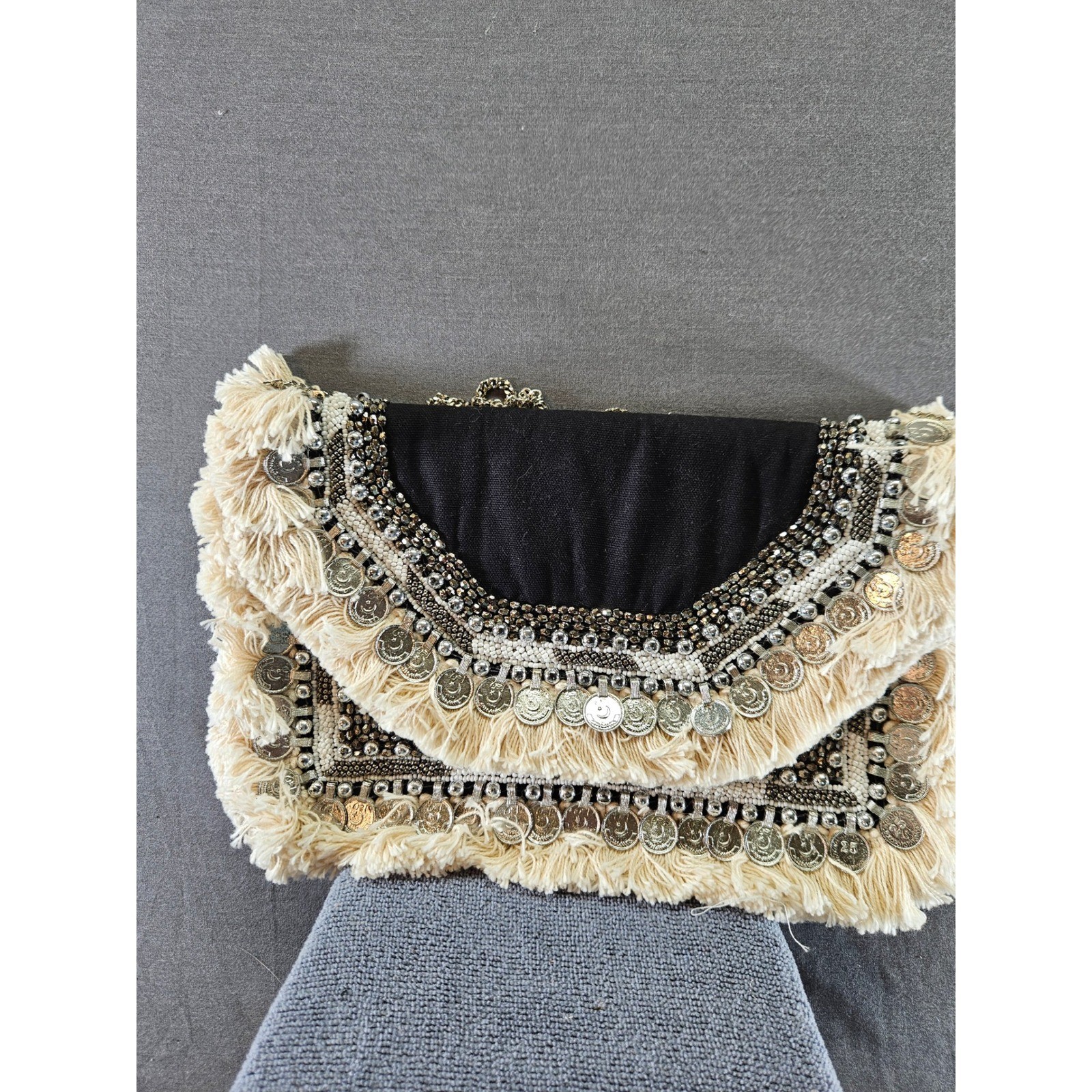 Lulus Black Boho Coin Fringe Beaded Crossbody Bag Silver Chain Strap (sku 138)