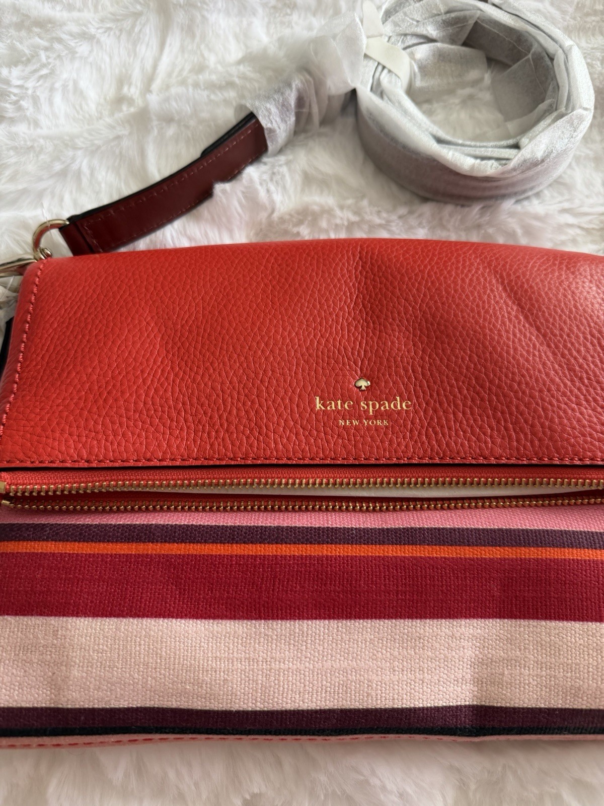 Kate Spade New York Red Striped Pebbled Zip Crossbody Bag Gold Hardware