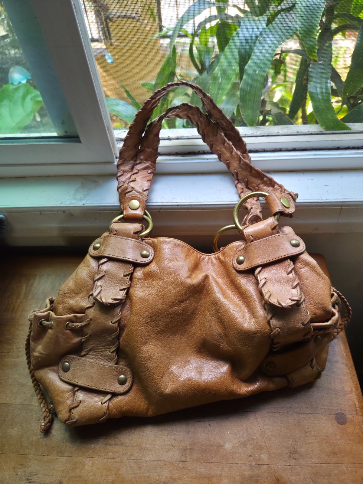 Kooba Sienna Leather Bag Whip-stitch Antique Tan Brown Shoulder Purse