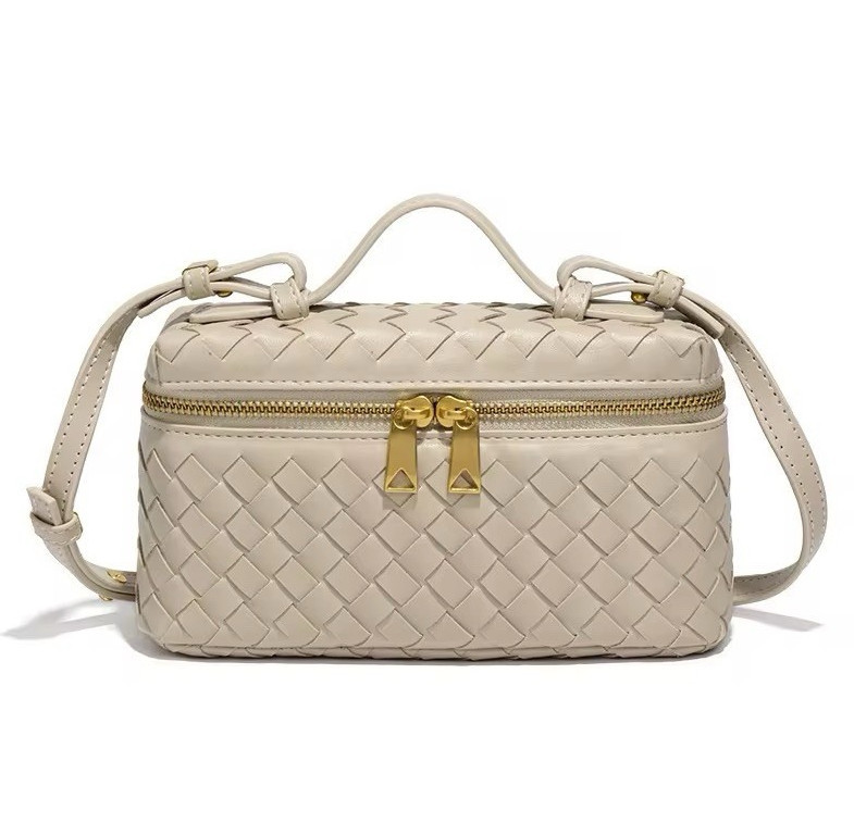 Beige Woven Women’s Crossbody Bag Top Handle Dual Zip Gold-Tone Hardware