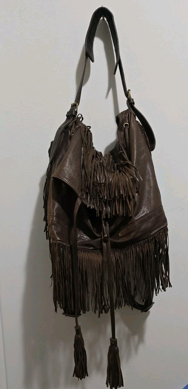 Figue Leather Chocolate Brown Fringe Tassels Backpack Hippie Festival Bag