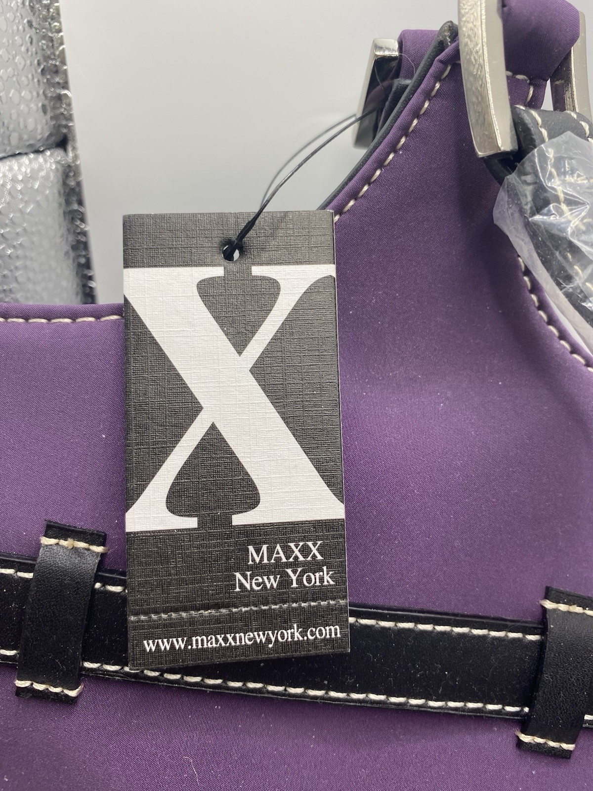MAXX NEW YORK BLACK LEATHER TRIM PURPLE TOTE DOUBLE SHOULDER STRAPS NEW