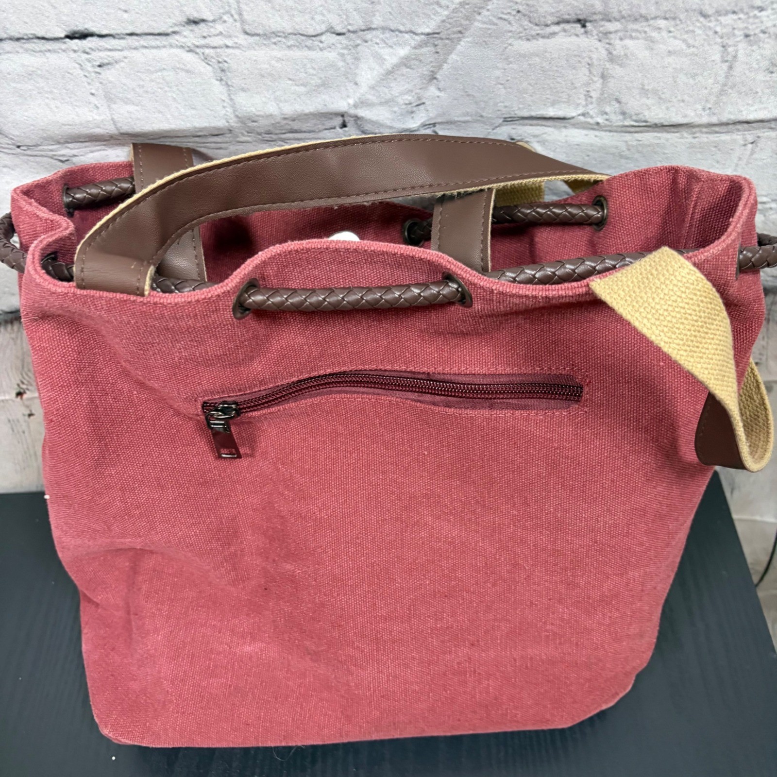 Burgundy Canvas Bucket Bag Floral Mandala Print Shoulder Tote Braided Handles