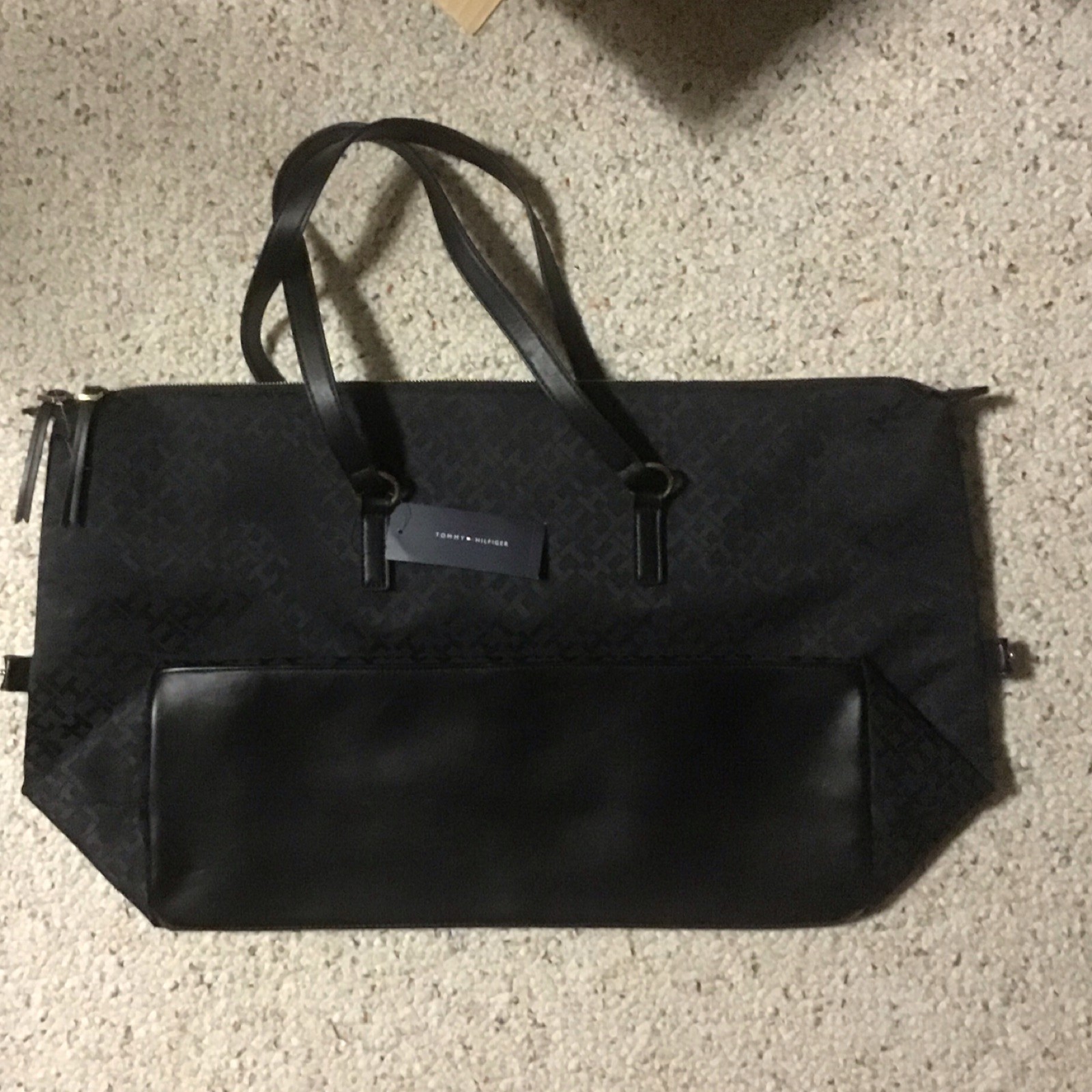 Tommy Hilfiger Women’s Black Monogram Tote Bag Gold Logo Plaque Double Handles