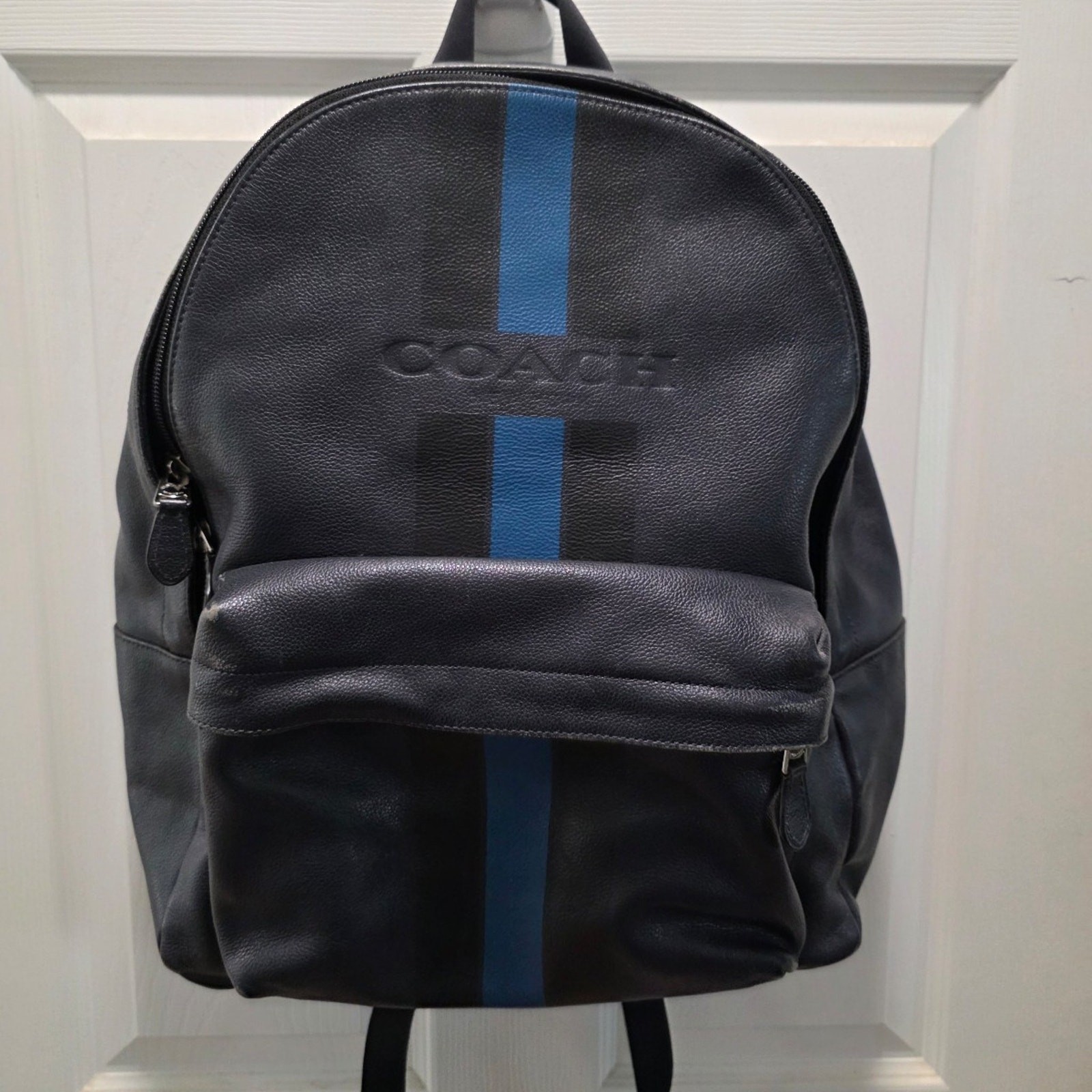 ​Coach Charles Backpack Pebble Leather Midnight Navy Varsity Stripe F72237