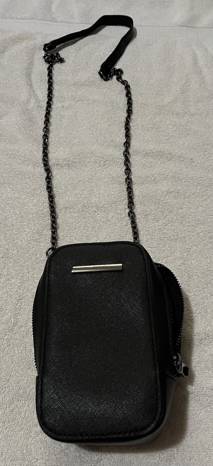 Small Black Purse With Silver Accent Piece And Gunmetal Grey Chain Strap