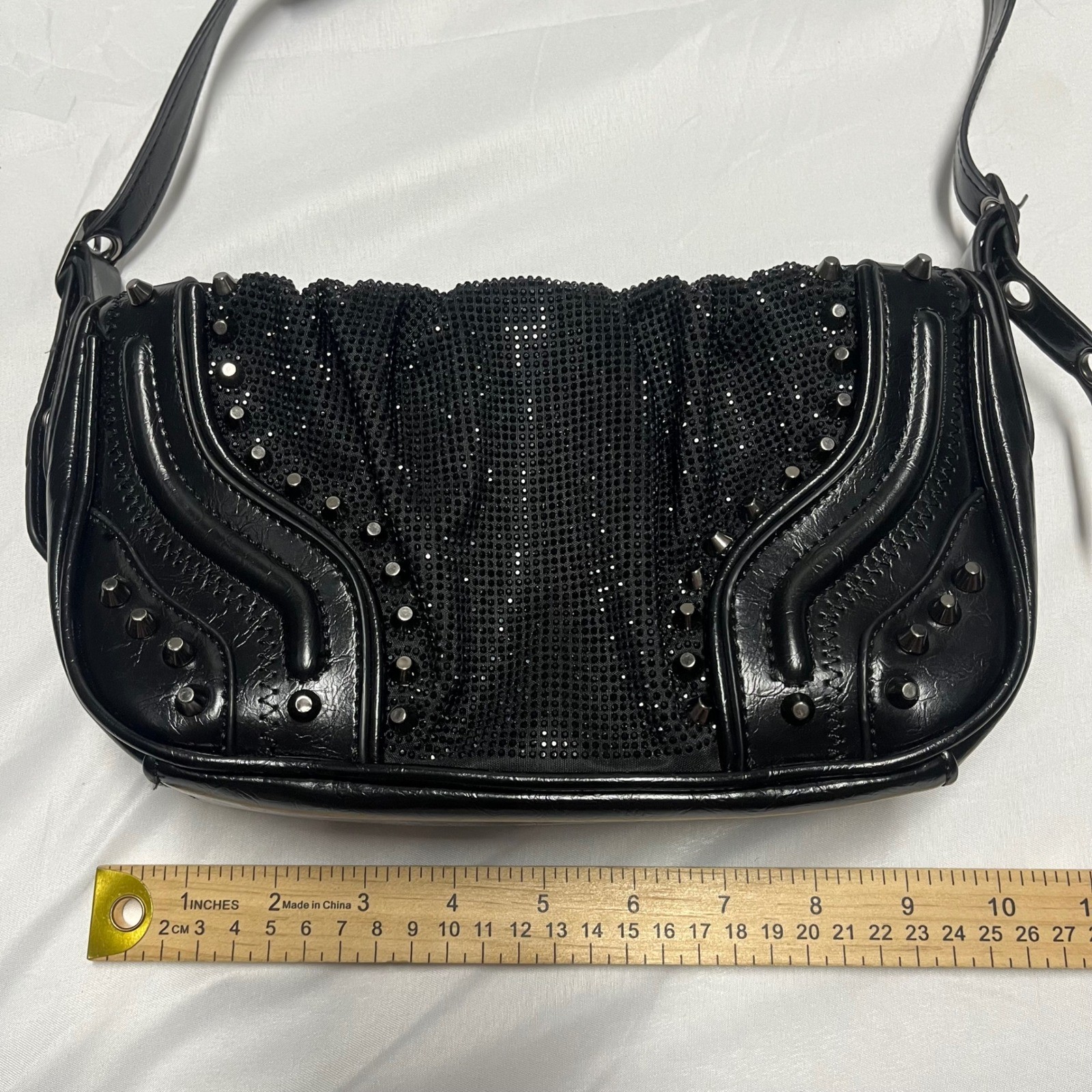 Fashion Nova Black Studded Rhinestone Moto Shoulder Bag