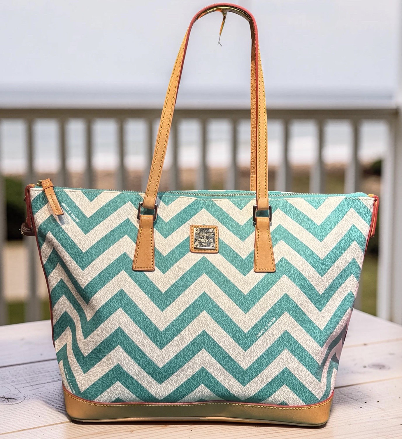Dooney Bourke Turquoise Spearmint Green Chevron Large Shopper Tote Shoulder Bag
