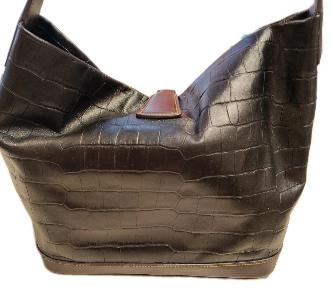 Dooney & Bourke Black With Brown Trim Croc Embossed Leather Logo Lock Hobo Bag