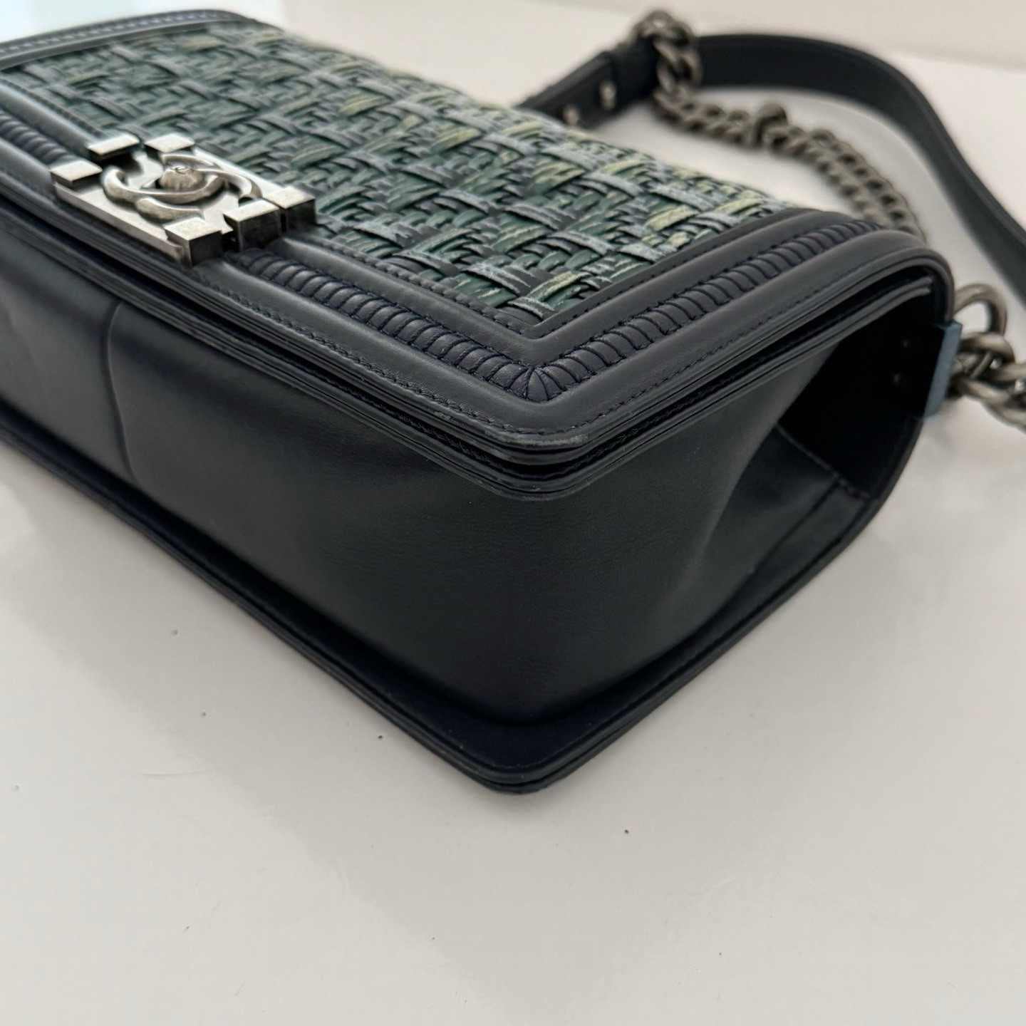 Authentic Chanel Le Boy Green Woven Leather Flap Bag Aged Silver Chain