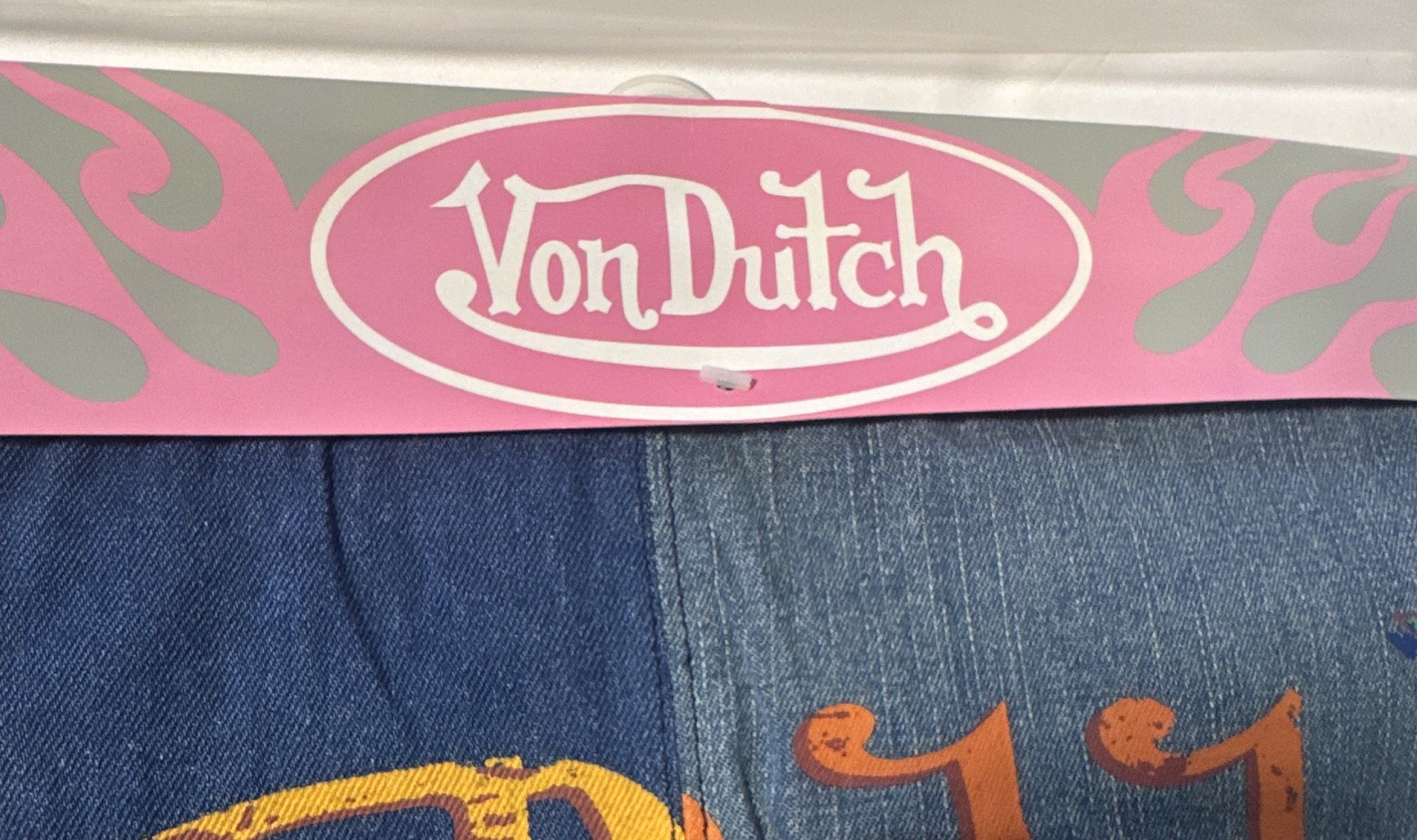 Von Dutch Blue Denim Drawstring Bag Logo Print Zip Pocket Black Cord Strap