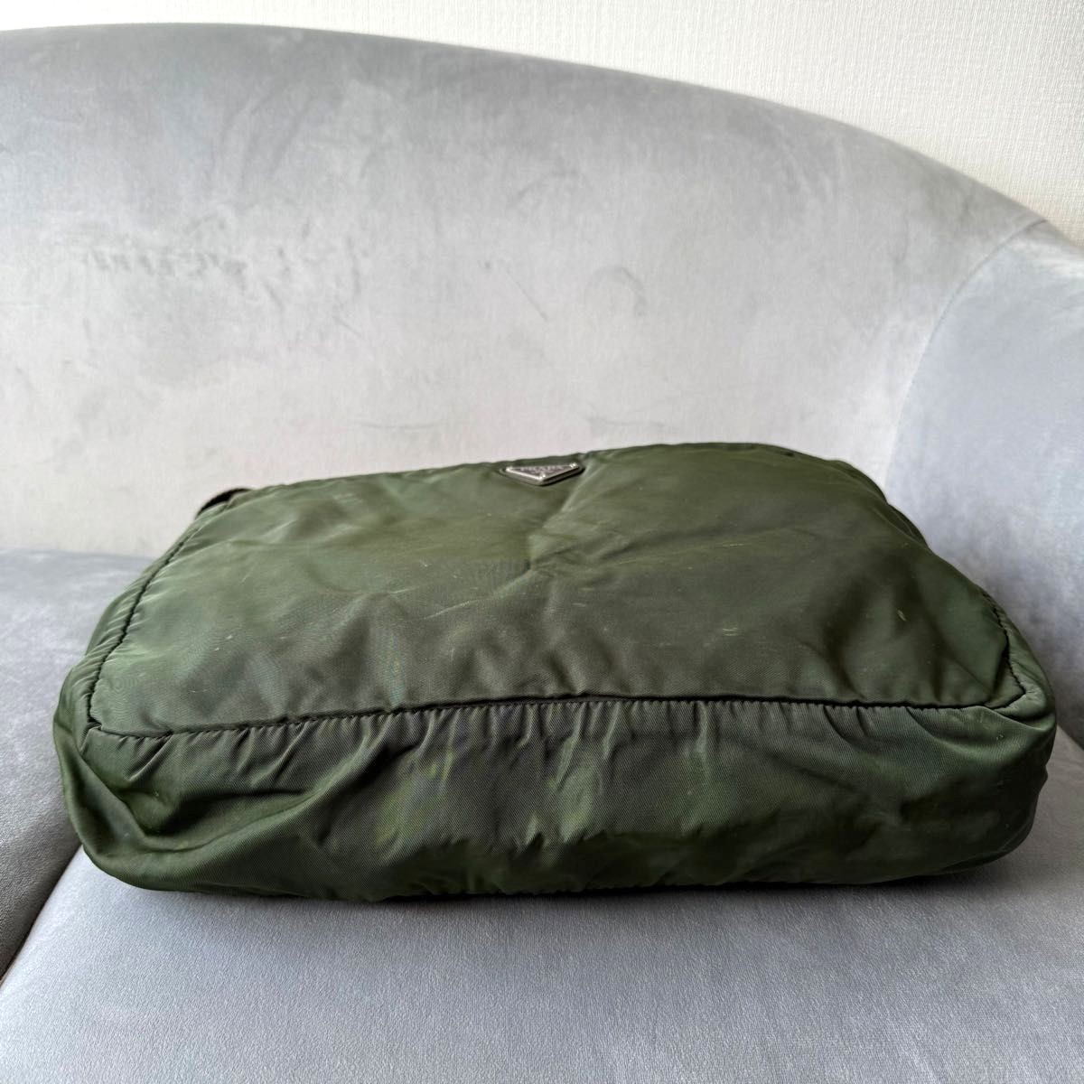 PRADA Nylon Tote Shoulder Bag Moss Green Triangle Logo 13.4×12.0in Auth Used