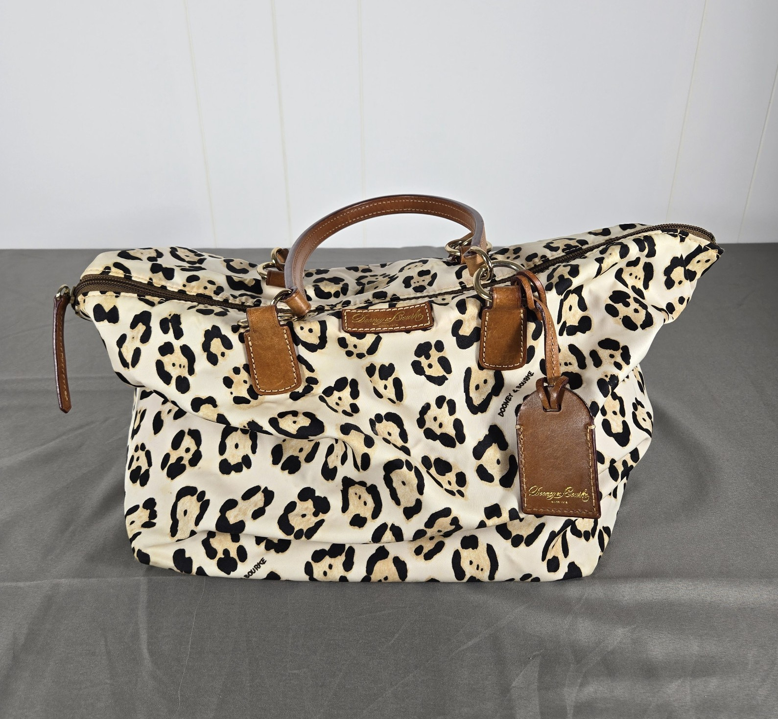 Dooney & Bourke Animal Print Satchel Top Handle Beige Black Zip Bag Charm