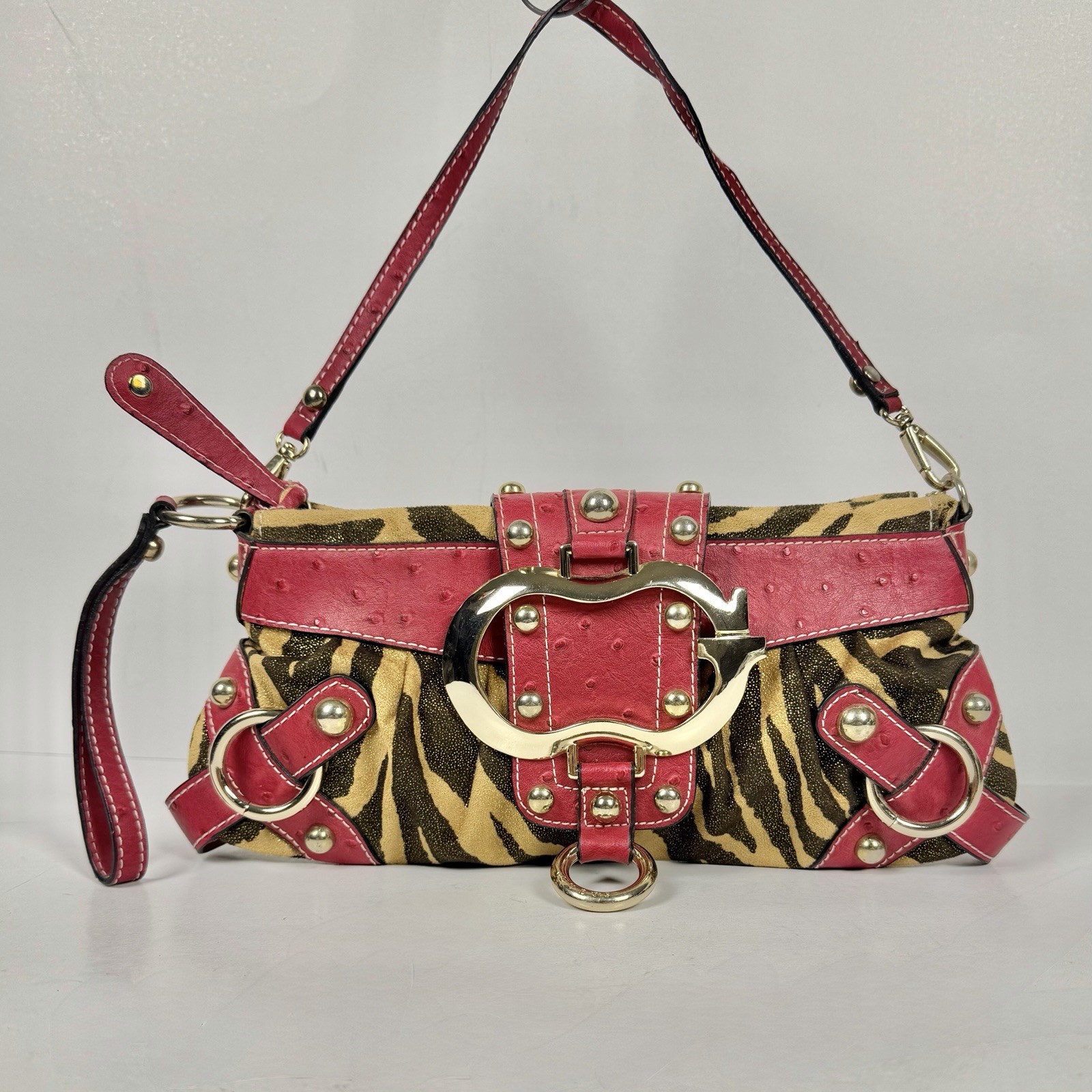 Guess Vintage Y2K Tiger Print Shoulder Bag red Ostrich Trim Gold Studs Rare