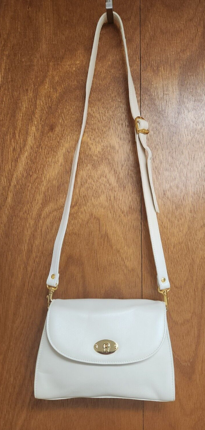Etienne Aigner Leather Ivory Handbag with Crossbody Adustable Strap Gold Accents