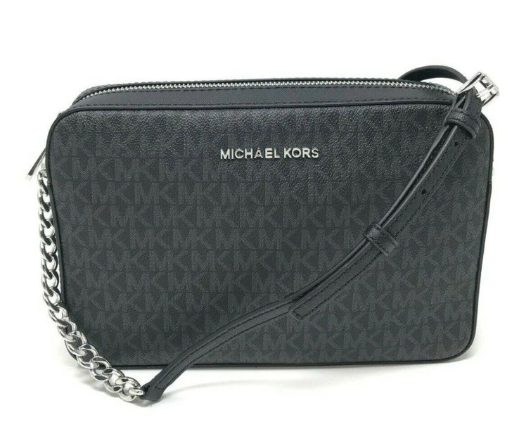 Michael Kors Jet Set East West Large Crossbody Black MK Signature Top Zip Bag