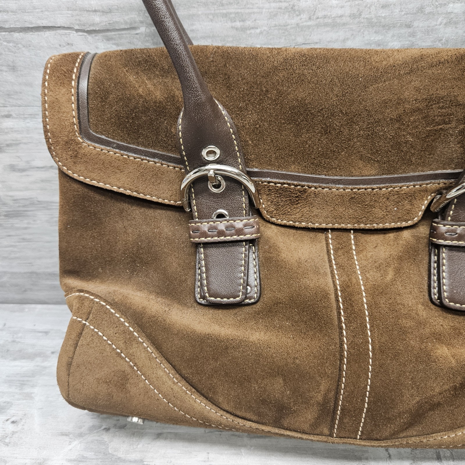 Coach Chocolate Brown Suede Tote Handbag with Leather Trim And Silver Hardware