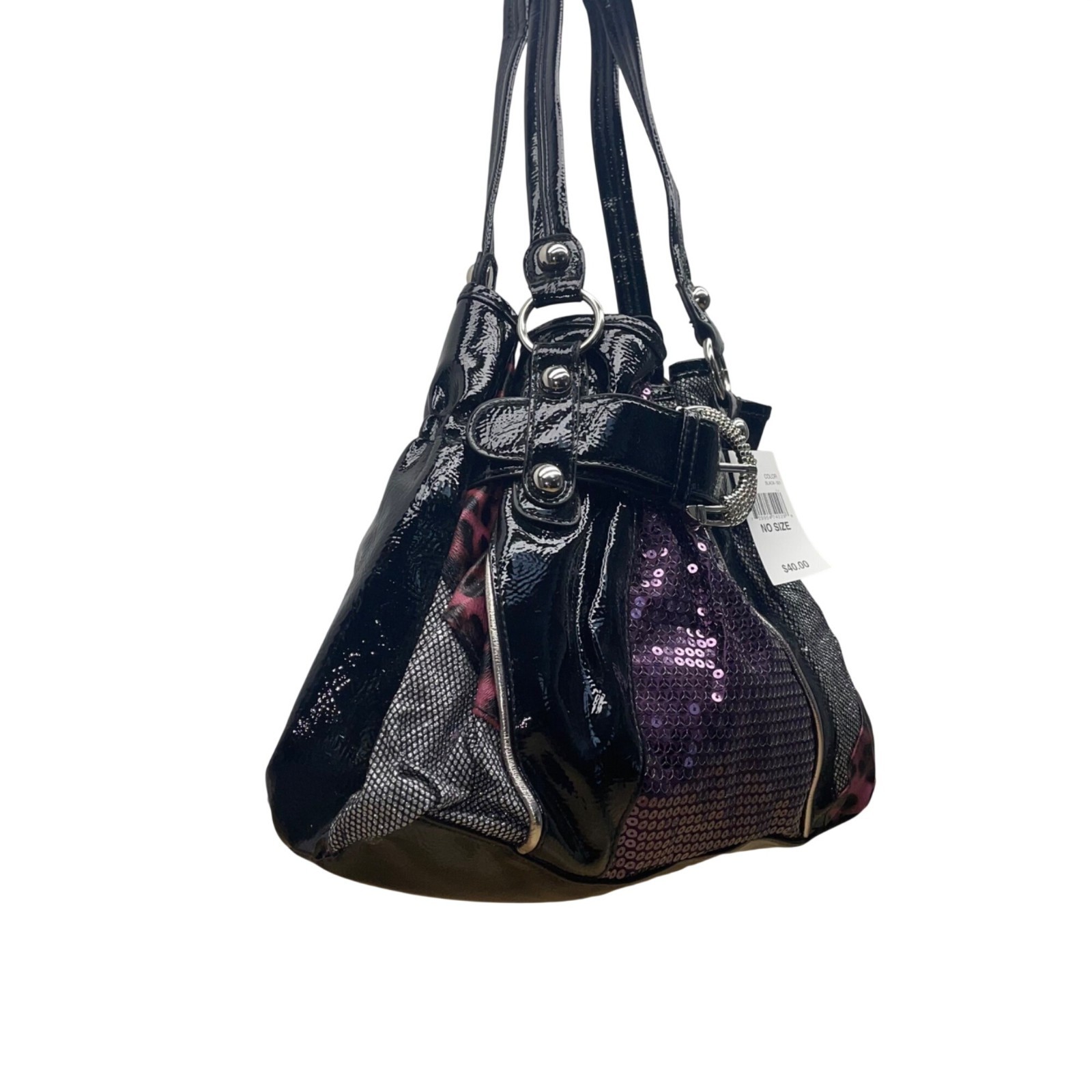 Women’s Black & Purple Sequin Leopard Patchwork Buckle Detail Shoulder Bag