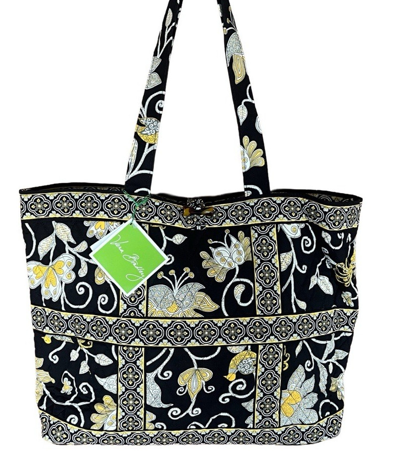 Vera Bradley Yellow Bird Large Tic Tac Tote Black Bag Toggle Button Pockets New