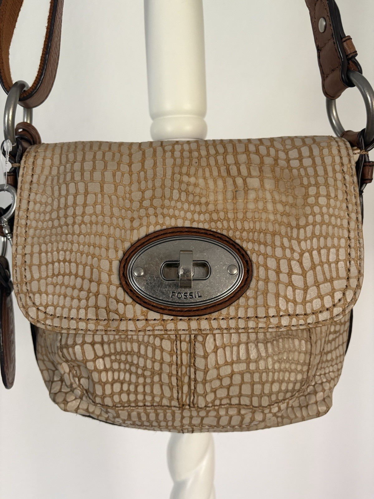 Fossil Beige Animal Print Shoulder Bag with Turn Lock, Key Charm & Brown Strap