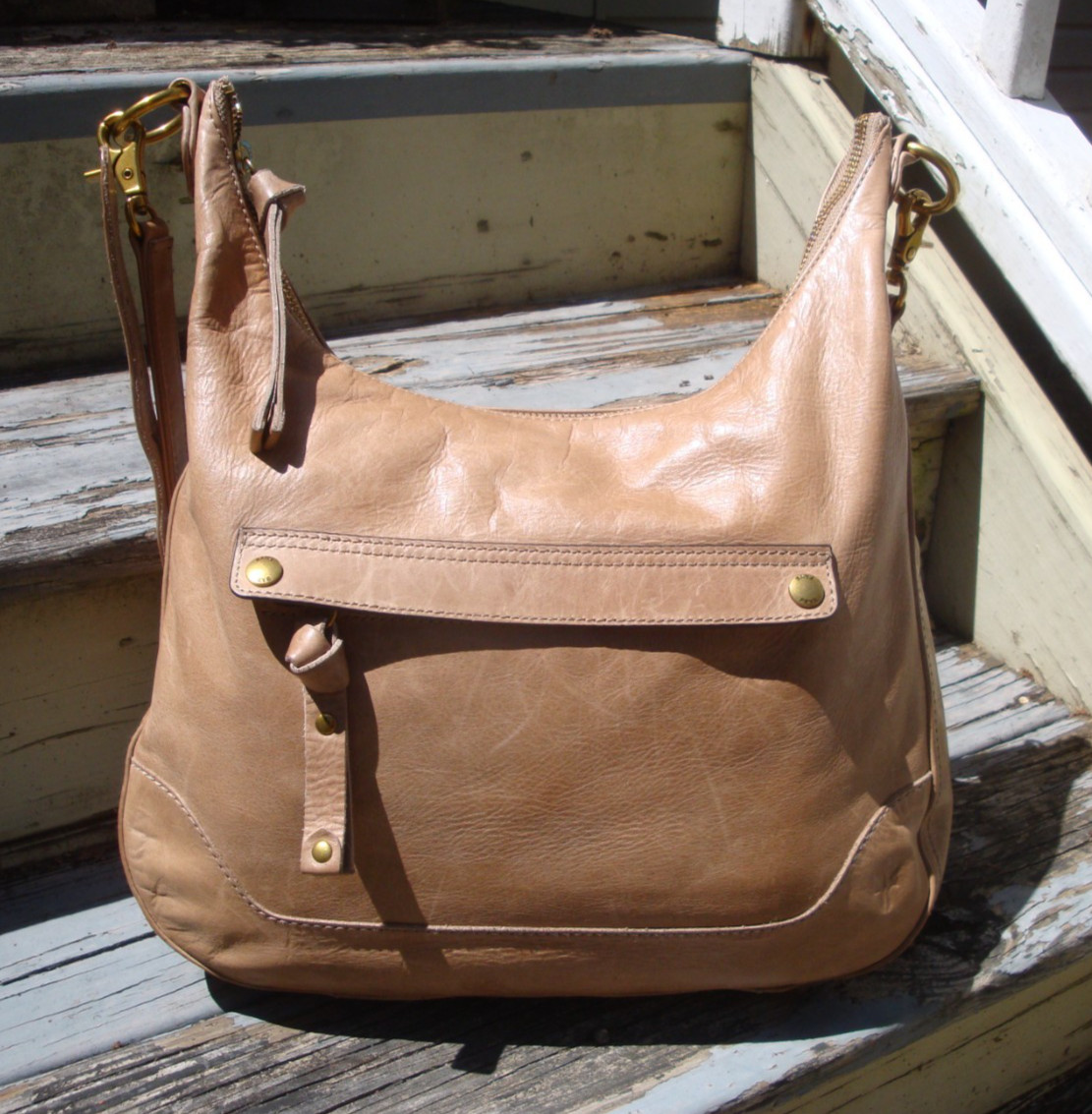 FRYE Vintage Tan Distressed Leather Handbag Crossbody Shoulderbag Large Purse