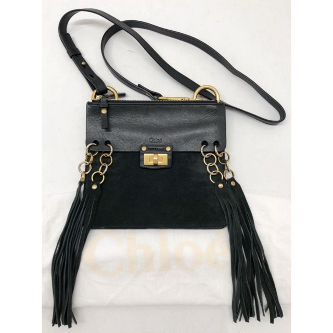 Chloe Jane Tassel Fringe Shoulder Bag Suede Leather black 19.5×18cm w/dustbag
