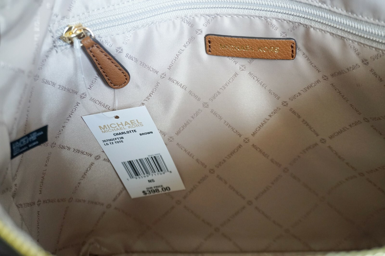 MICHAEL KORS CHARLOTTE LARGE SHOULDER TOTE BAG PURSE MK SIGNATURE BROWN