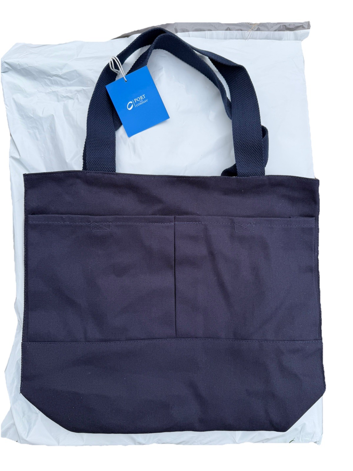 100% Cotton Canvas Tote Bag Double Pocket In Navy Port & Company