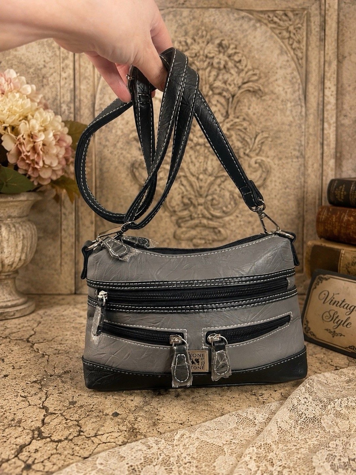 Stone & Co Gray Black Multi Zip Crossbody Clutch Purse Bag NWOT Chic