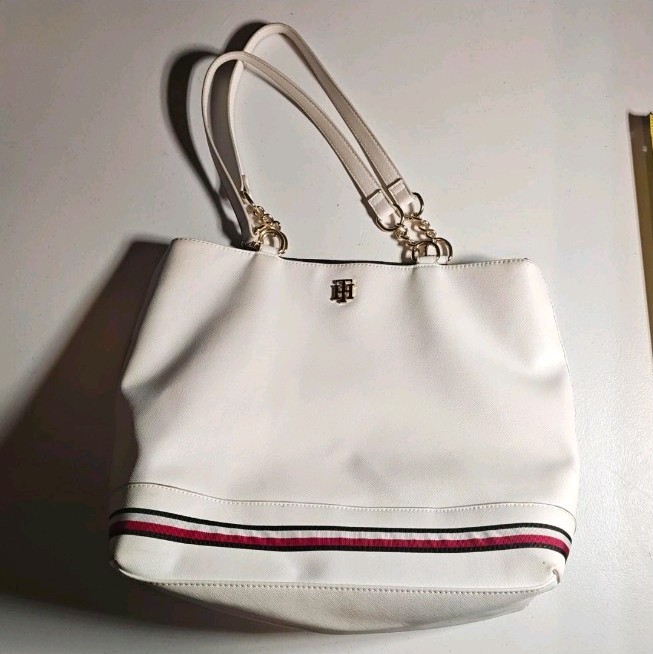 Tommy Hilfiger Women’s Large Tote Bag White With Red And Black Stripe