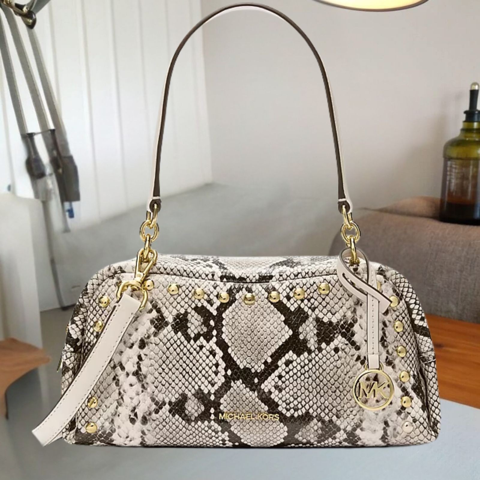 Michael Kors Lady Cecily Small Studded Snake Embossed Shoulder Bag Light Cream